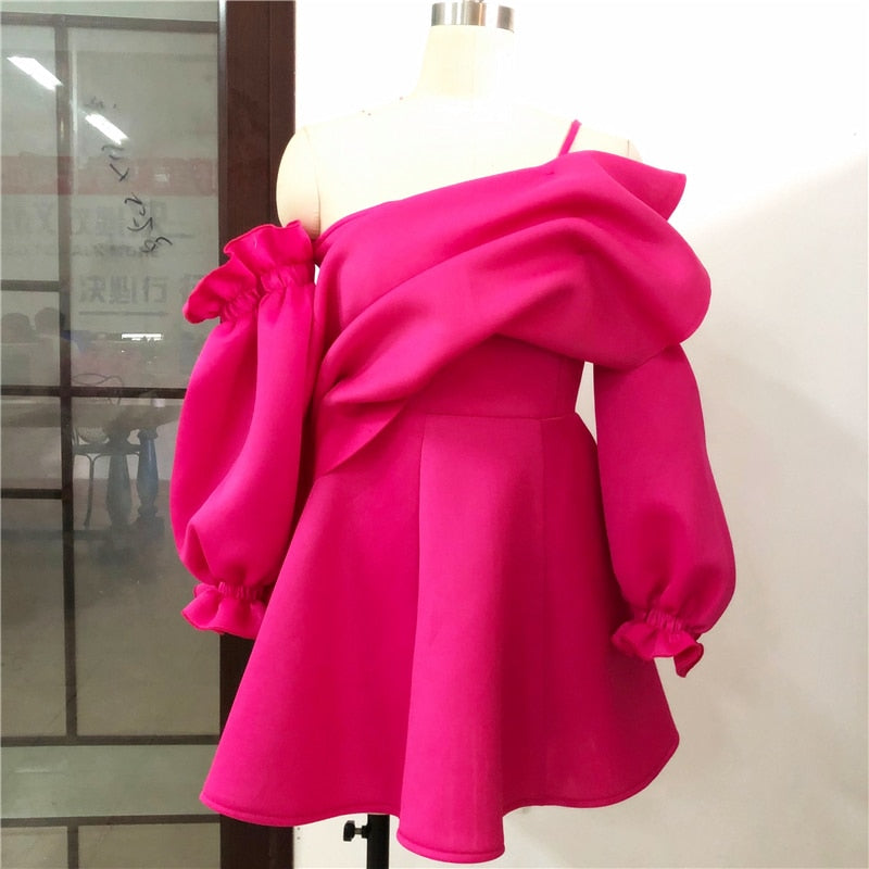 Pleated Puff Sleeve One Shoulder Dress