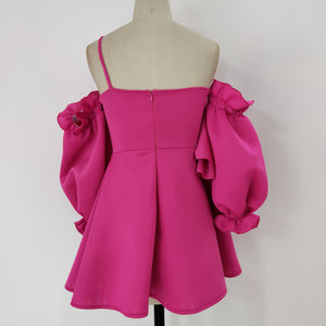Pleated Puff Sleeve One Shoulder Dress