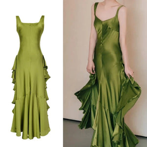 Satin Green Dress High Quality Luxury Ruffles Dress
