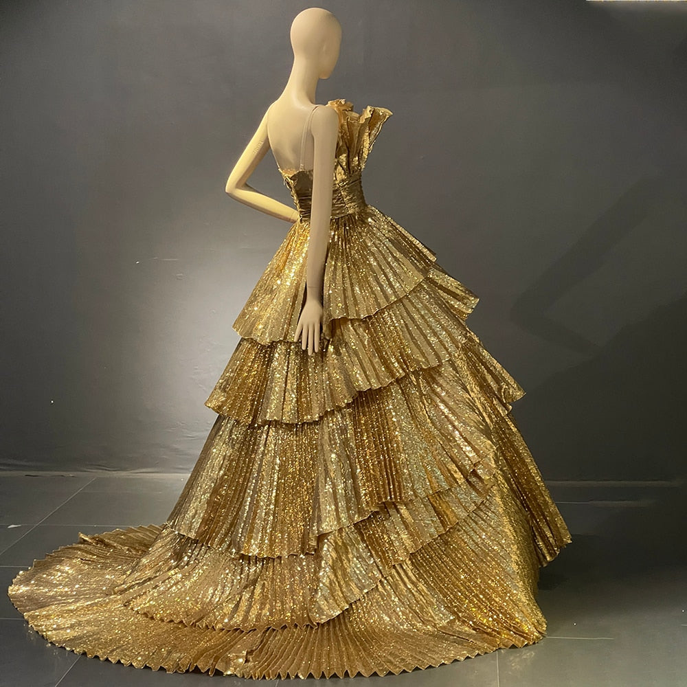 Dubai Sparkly Gold  Ruffles Luxury Beaded Designer Dress