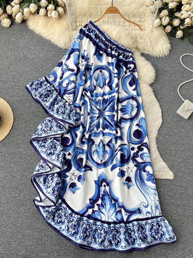 Runway Blue And White Porcelain Asymmetry Long Dress