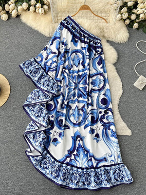 Runway Blue And White Porcelain Asymmetry Long Dress