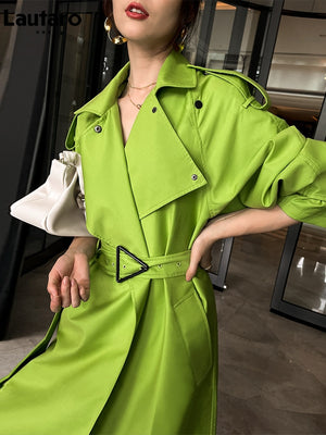 Luxury Oversized Bright Green Faux Leather Trench Coat