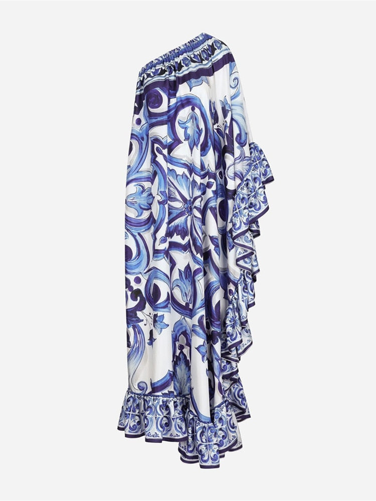 Runway Blue And White Porcelain Asymmetry Long Dress