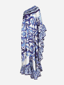 Runway Blue And White Porcelain Asymmetry Long Dress