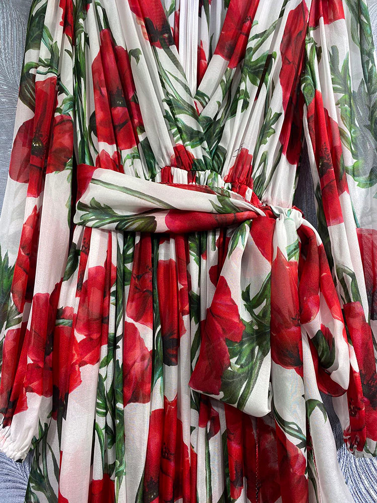 High Quality Designer Real Silk With Belt Safflower Print Midi Dresses