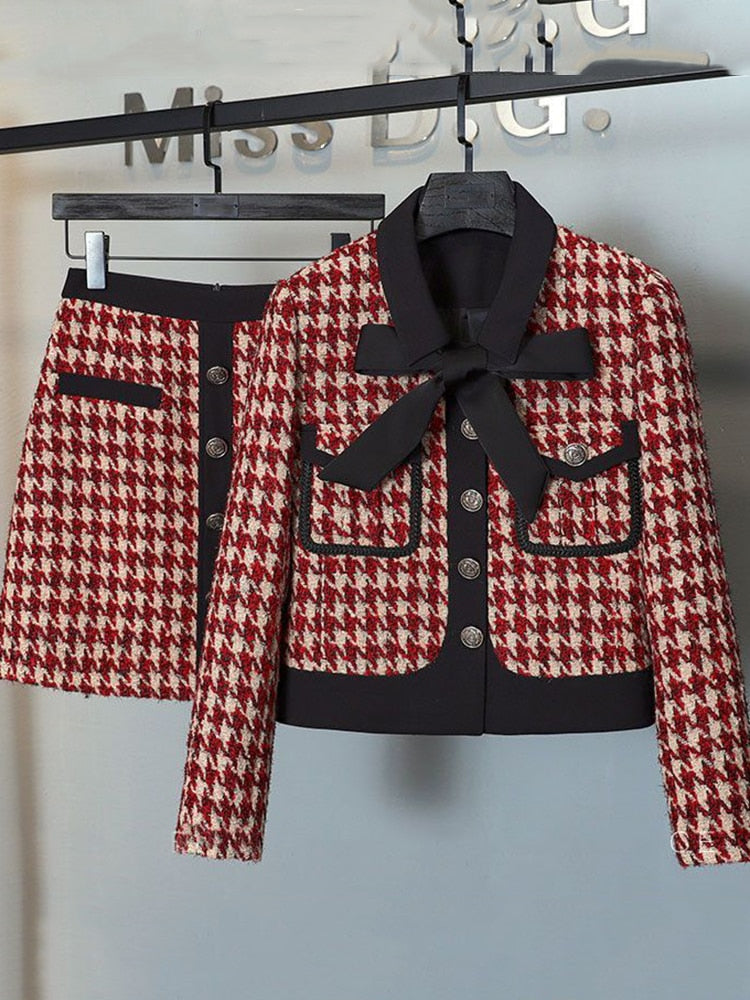 KBAT 2023 Autumn Winter Tweed 2 Piece Set Women Bow Short Jacket Coat + Mini Skirt Suits French Vintage Two Piece Sets