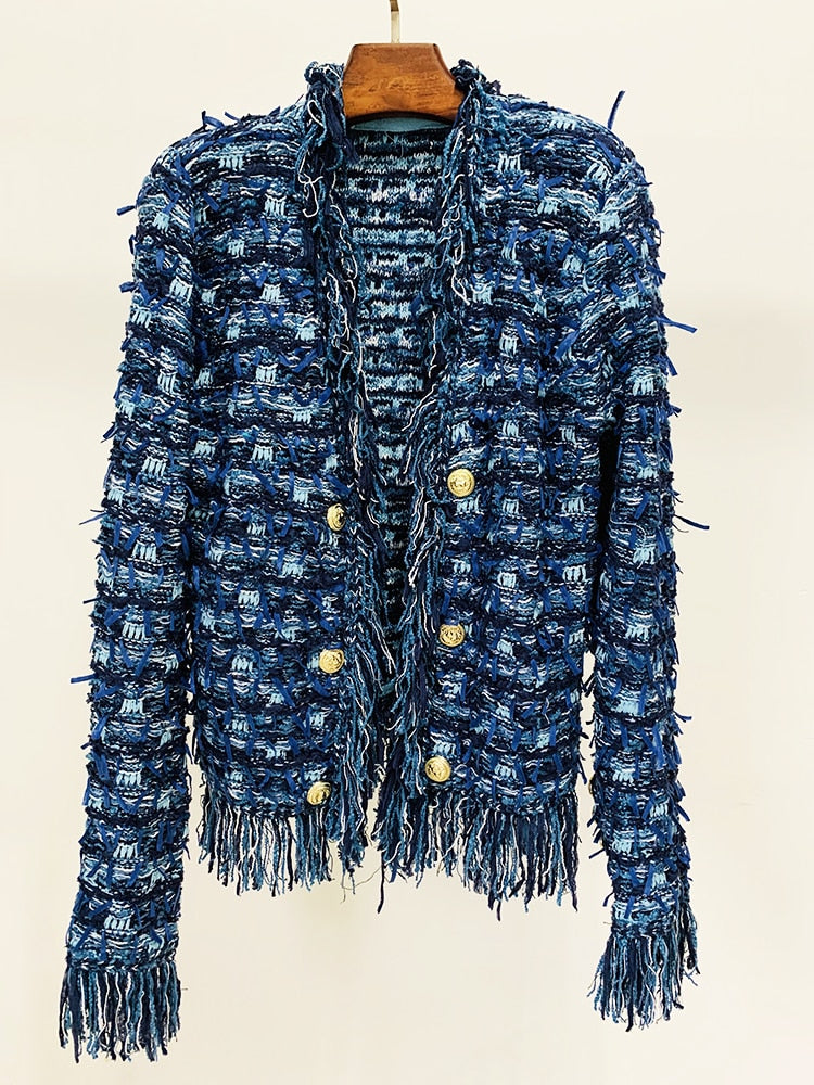 Designer Lion Buttons Embellished Tassel Knit Cardigan