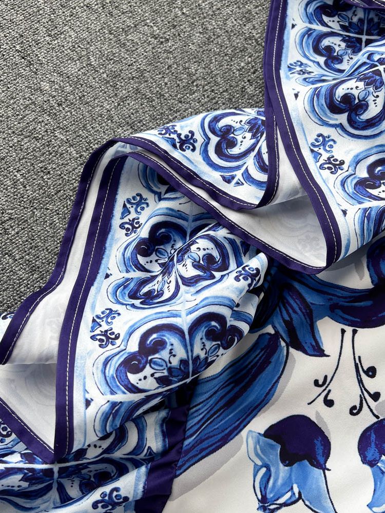 Runway Blue And White Porcelain Asymmetry Long Dress