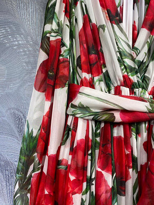 High Quality Designer Real Silk With Belt Safflower Print Midi Dresses