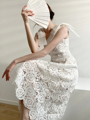 France Elegant Lace White Vintage Dress