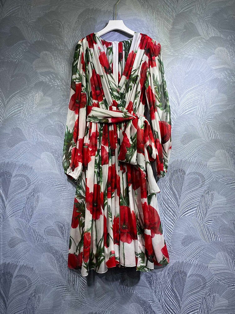 High Quality Designer Real Silk With Belt Safflower Print Midi Dresses