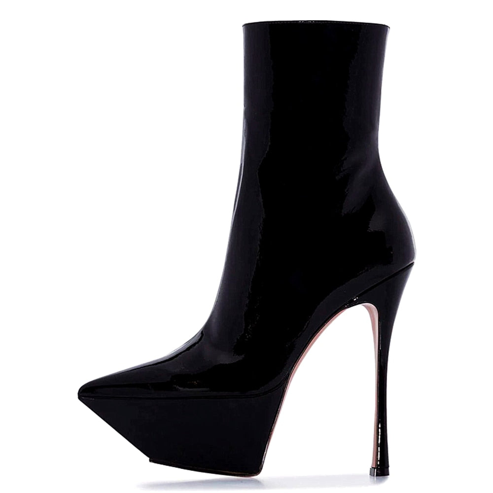 Platform Shiny Leather Side Zip Pointed Toe Ankle Boots
