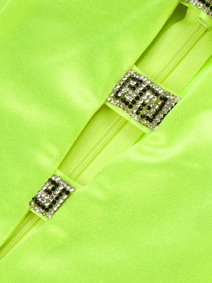 Rhinestone Hollow Out  High Slit Neon Green Strapless Dress With Sleeve Glove
