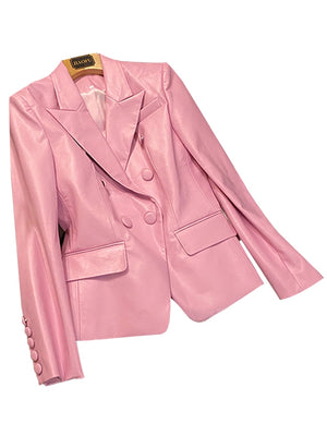 Luxury Pink Soft Pu Leather Blazer