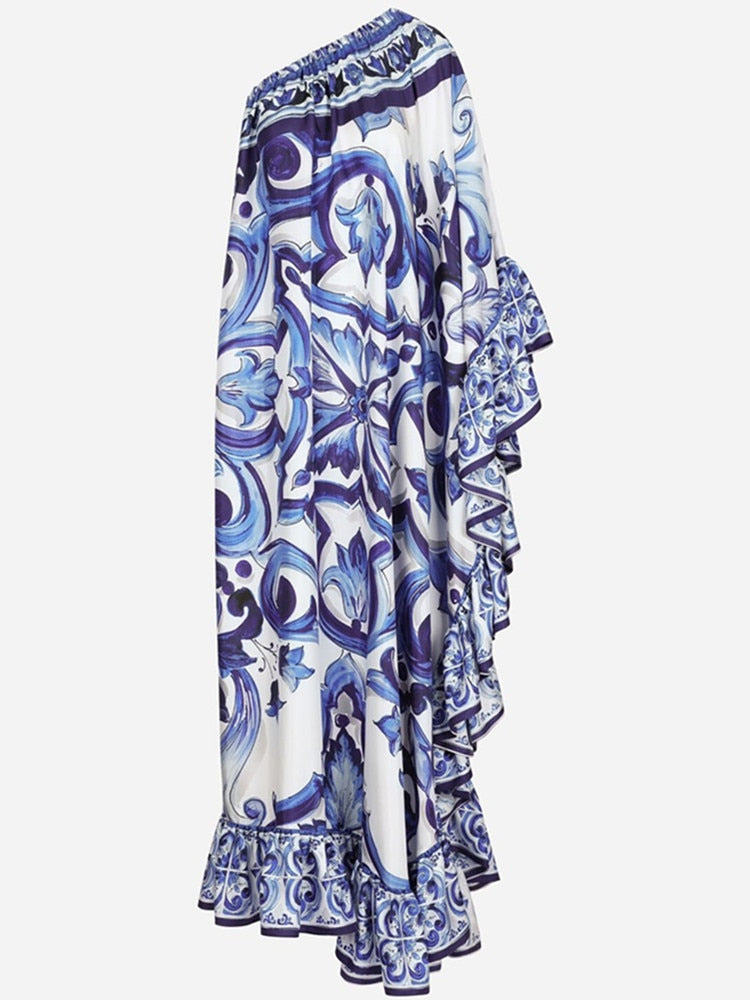 Runway Blue And White Porcelain Asymmetry Long Dress