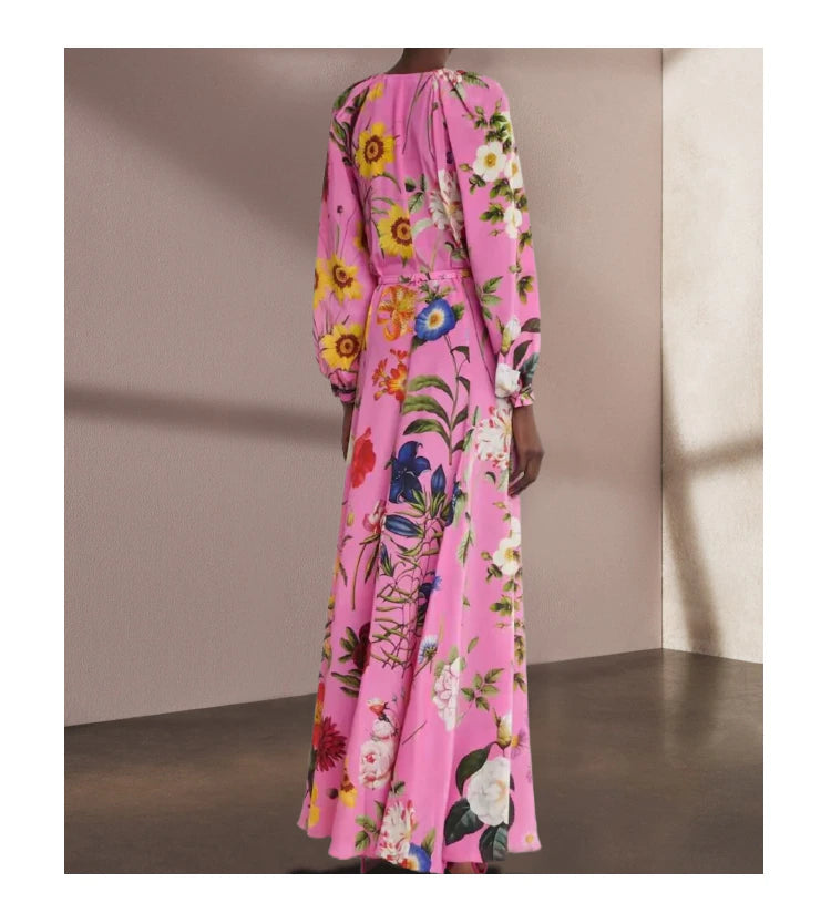 High Quality Runway With Belt Flower Printed Long Dresses