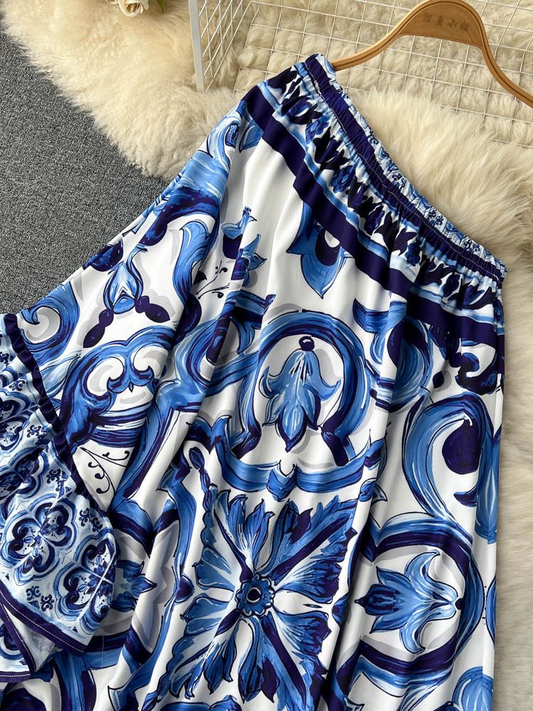 Runway Blue And White Porcelain Asymmetry Long Dress