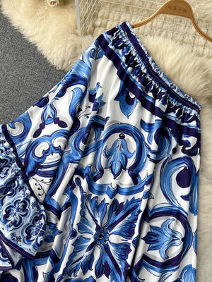 Runway Blue And White Porcelain Asymmetry Long Dress
