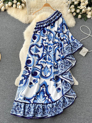 Runway Blue And White Porcelain Asymmetry Long Dress