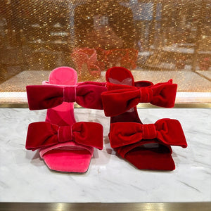 Summer New Square Head Color Contrast Suede Bowknot Slippers