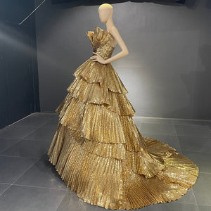 Dubai Sparkly Gold  Ruffles Luxury Beaded Designer Dress