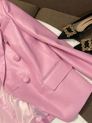 Luxury Pink Soft Pu Leather Blazer