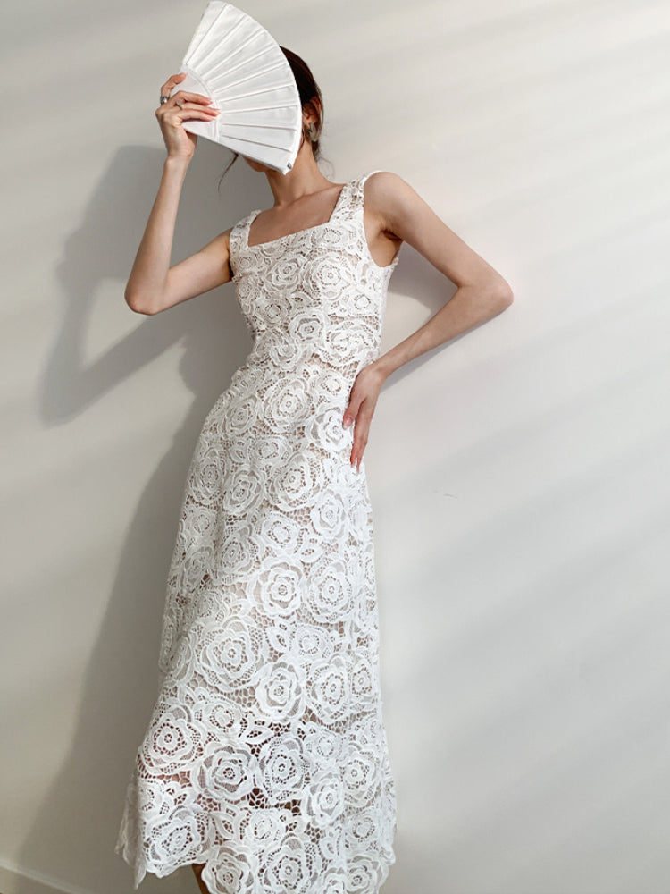 France Elegant Lace White Vintage Dress