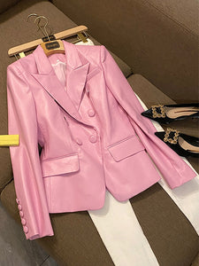 Luxury Pink Soft Pu Leather Blazer