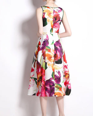 Design Gowns Flower Print Midi Tank Runway Slim Elegant Vintage Dress