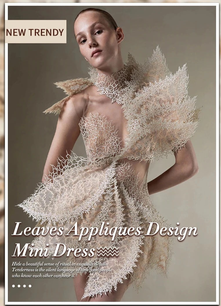Elegant Luxury Chic Leaves Appliques Design See Through Mesh Dress