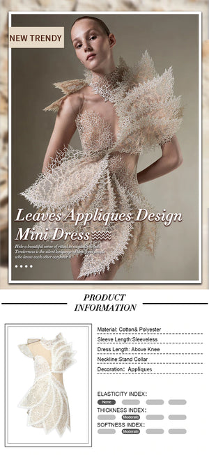 Elegant Luxury Chic Leaves Appliques Design See Through Mesh Dress