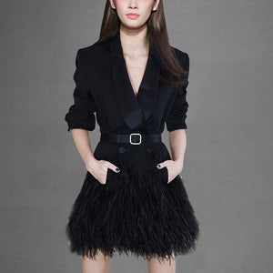 Luxury Runway Double Breasted Sashes Feather Tassel Coat Outerwear
