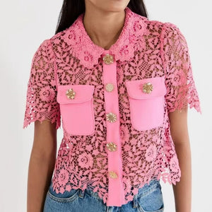 Button Decoration Pink Lace Cardigan/Same High Waist Skirt