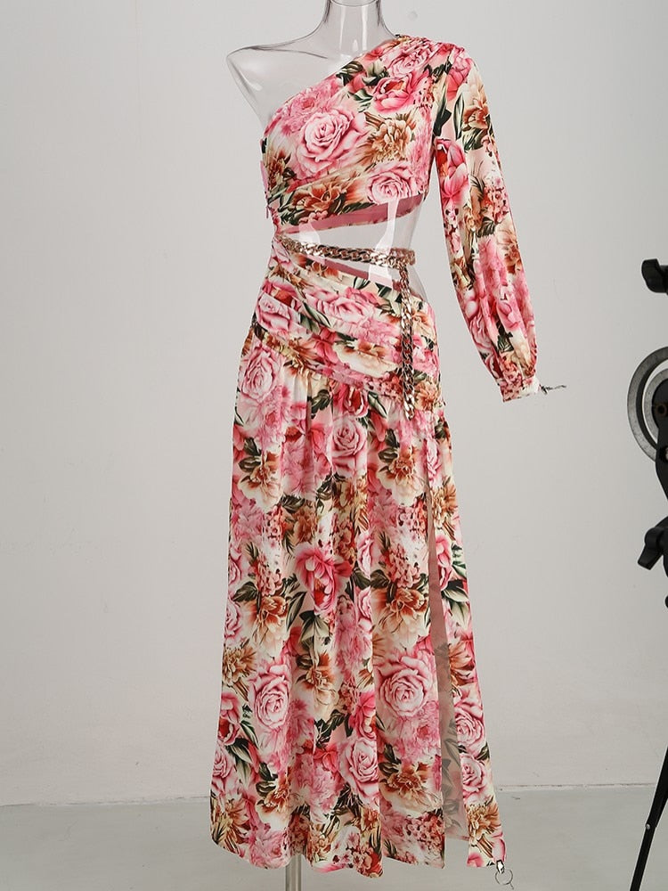 Floral Print One Shoulder Maxi Dress