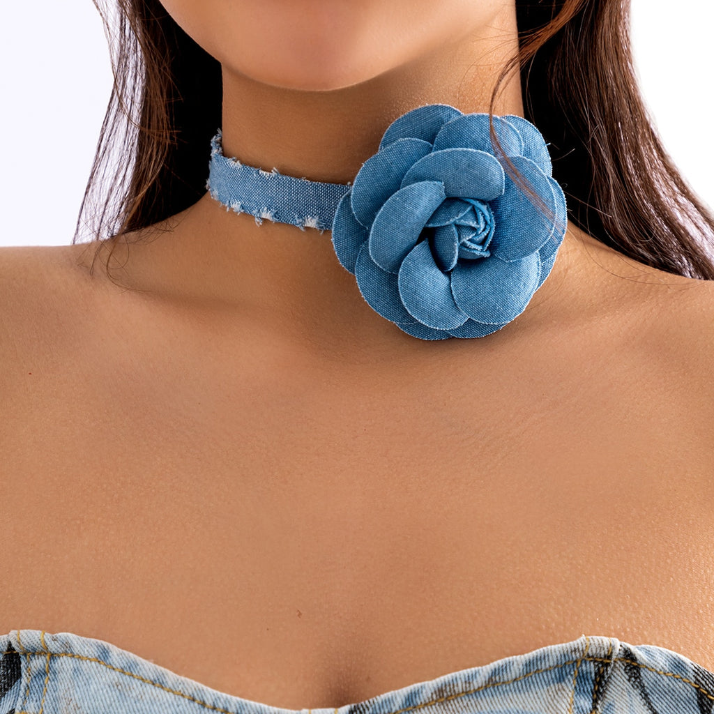 Blue Denim Strip with Large Flower Choker