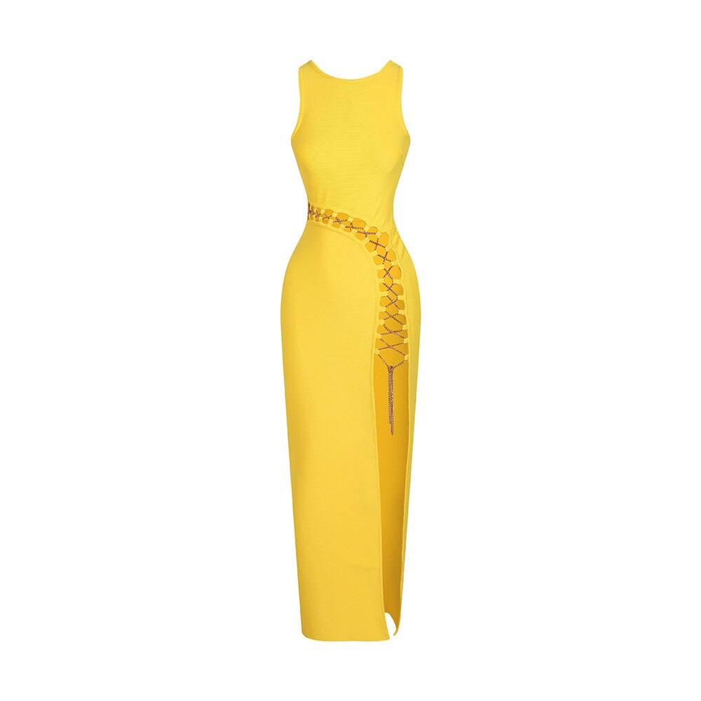 Yellow Chain Hollow Sleeveless High Split Bandage Dress