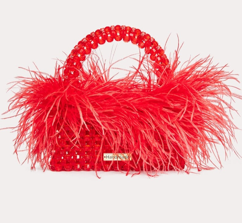 Pearl Beaded Ostrich Feather Designer Clear Acrylic Crystal Stone Handbag