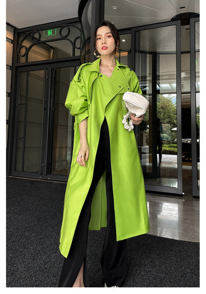 Luxury Oversized Bright Green Faux Leather Trench Coat