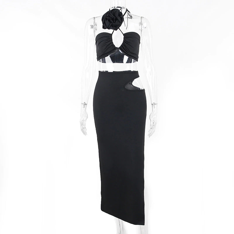 Hollow Out Skinny Halter Crop Tops And Long Wrap Skirt Two Piece Set