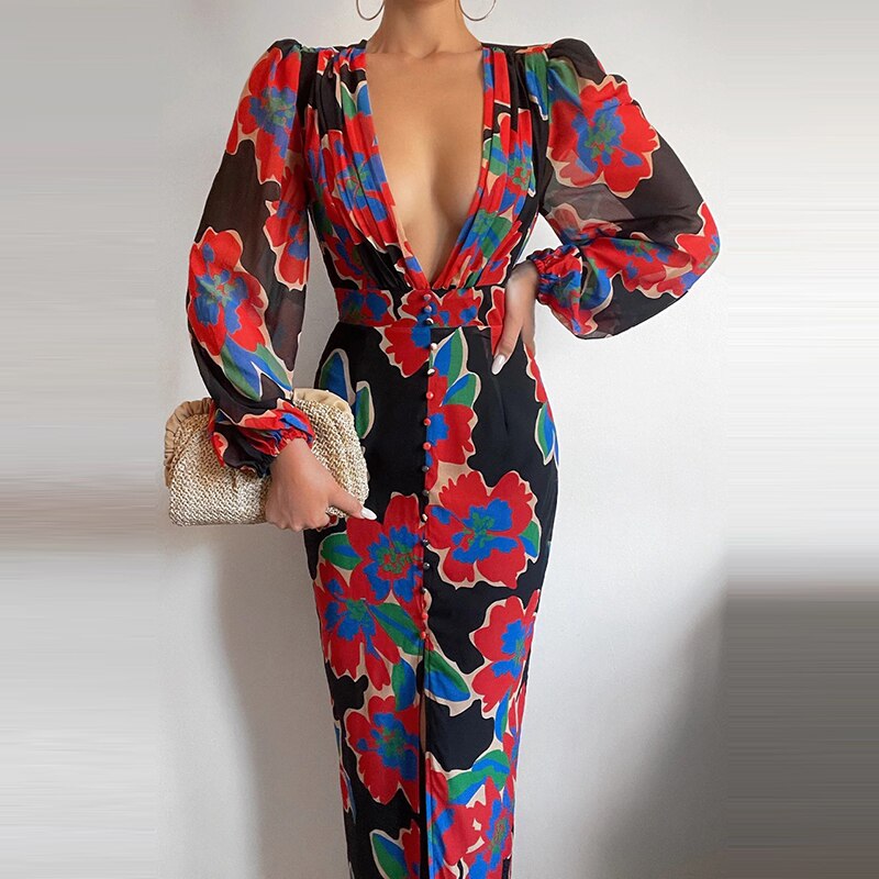 Elegant Print Slim Maxi Dress