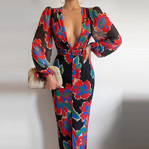 Elegant Print Slim Maxi Dress