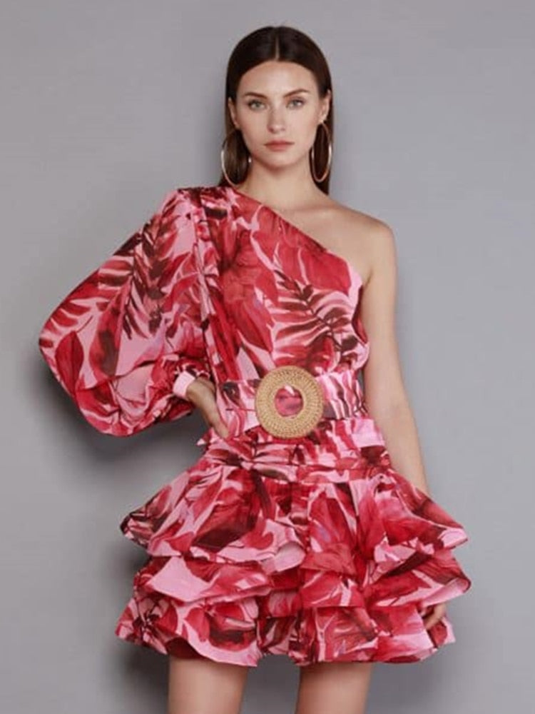 Floral Elegant Slanted Shoulder Belt Printing Slim Dress