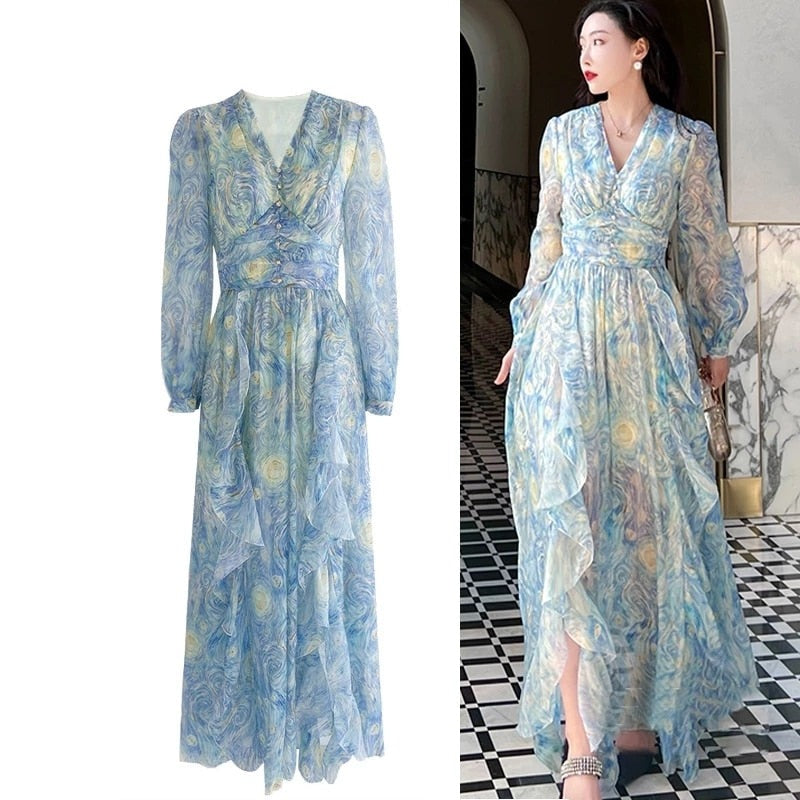 Vintage Painting Artistic Van Gogh Print Ruffles Chiffon Dresses