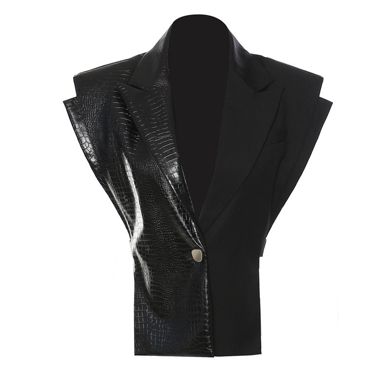 Vest Notched Collar Metal PU Leather Patchwork Waistcoat