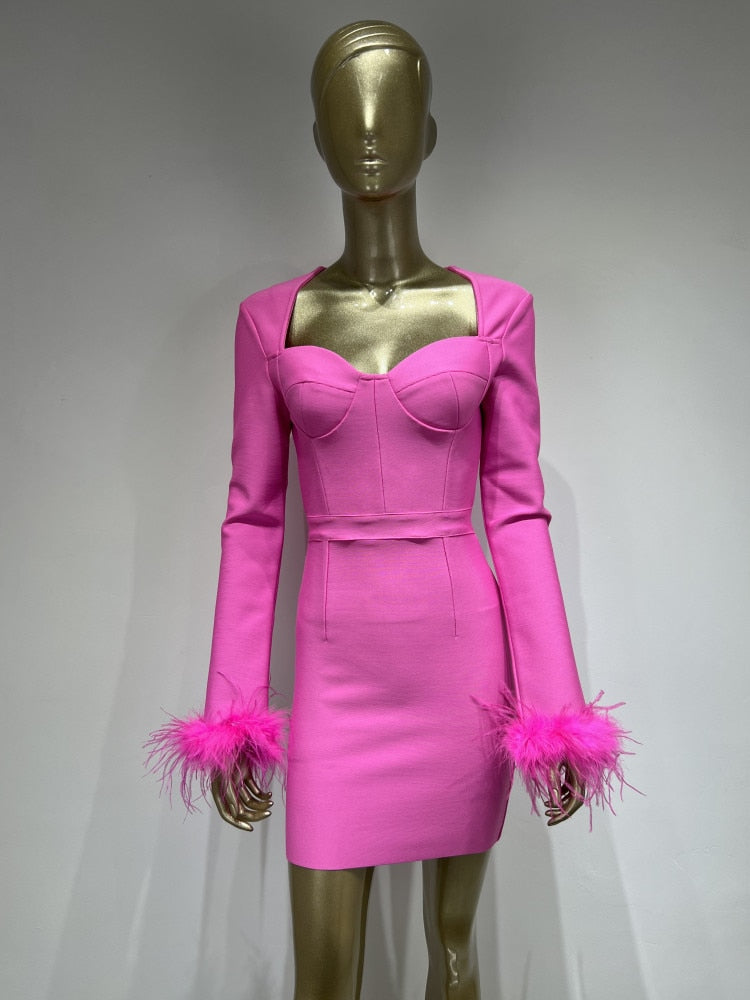 Feathers Hot Pink Bodycon Bandage Dress