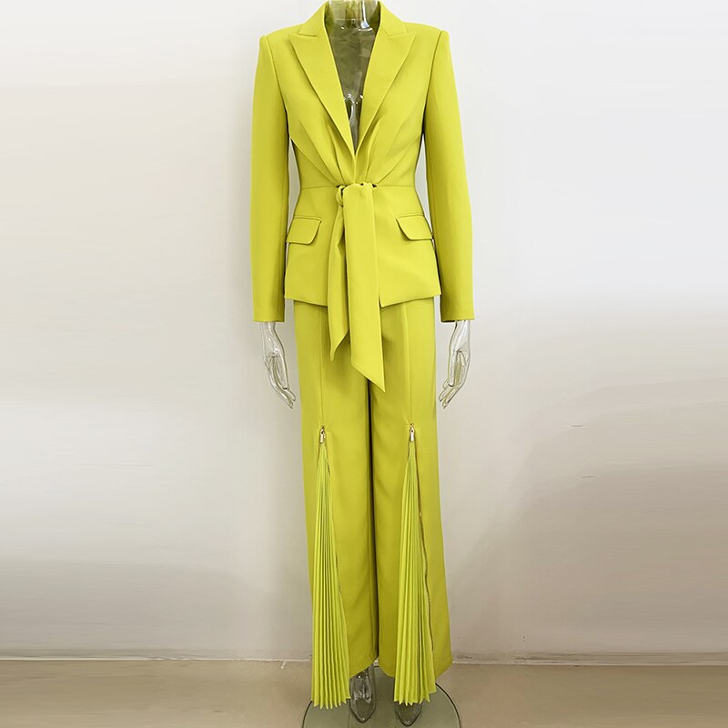 Designer Runway  Belted Blazer Jacket Wide Leg Pleated Pants Set High Quality Two pieces