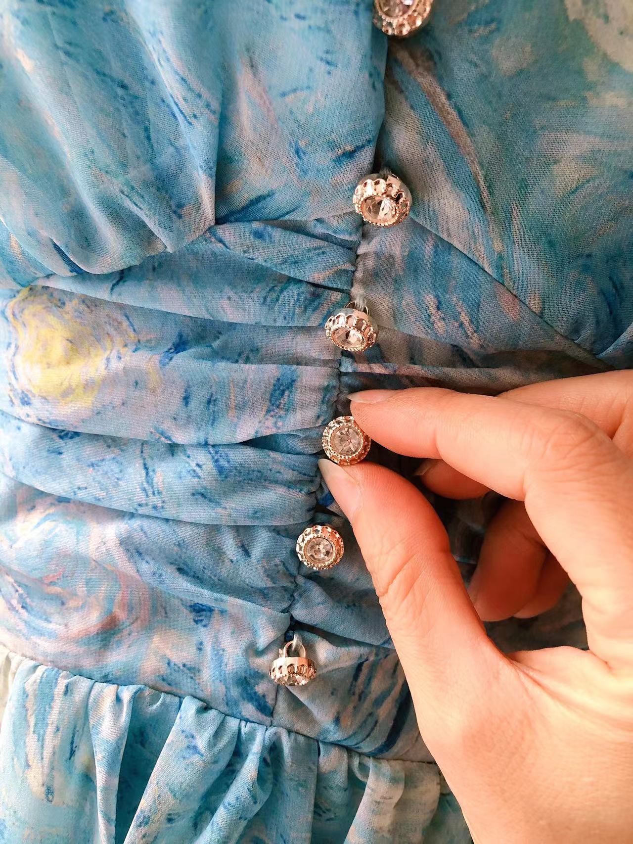 Vintage Painting Artistic Van Gogh Print Ruffles Chiffon Dresses