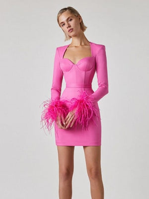Feathers Hot Pink Bodycon Bandage Dress