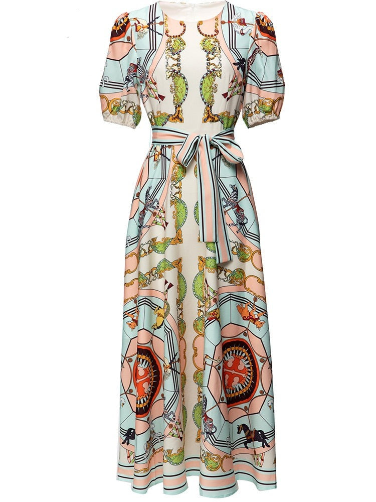 Runway Luxury Crystal Beads Printed Belted Midi Dress